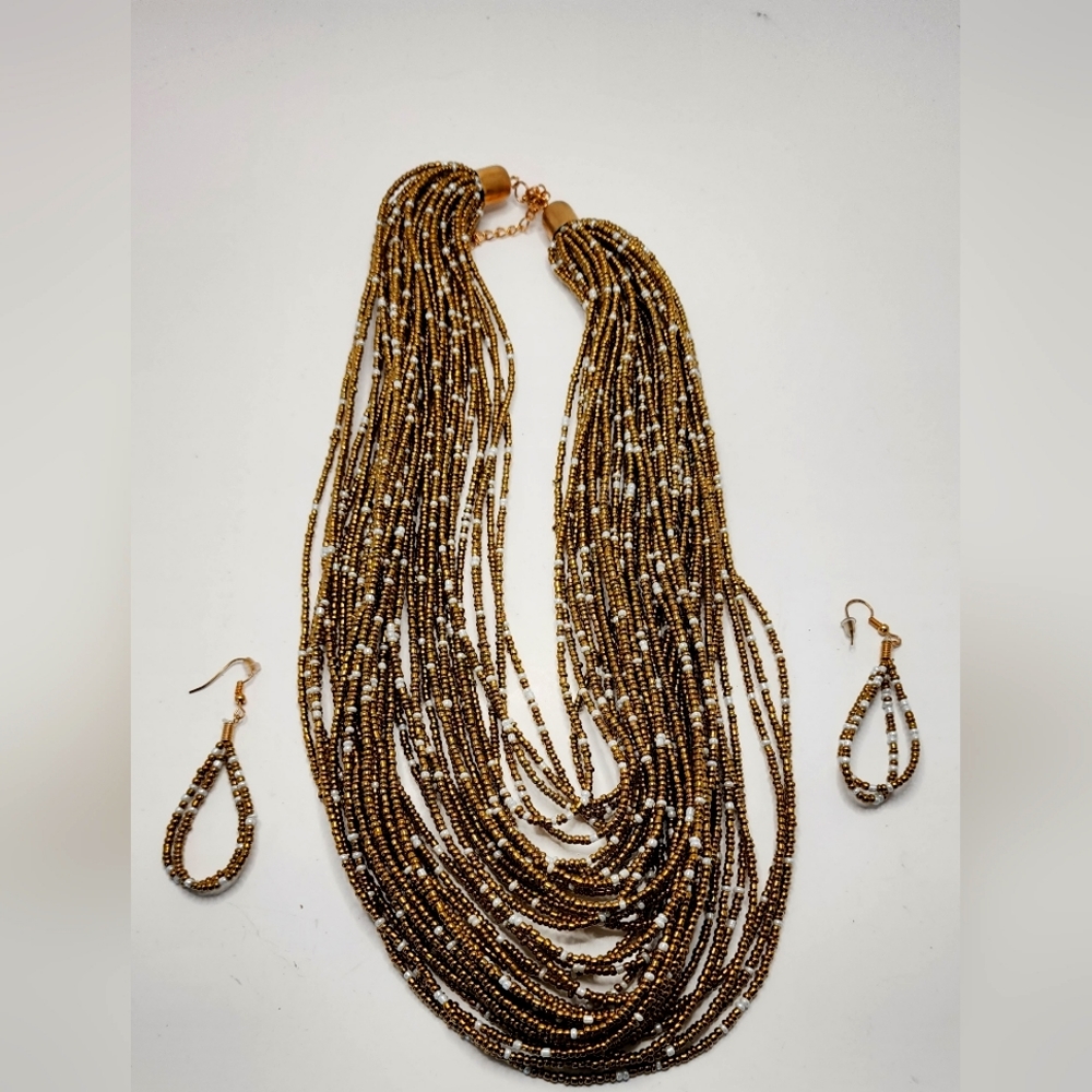 Multi Layer, Gold/White Colored Beaded Necklace, … - image 1